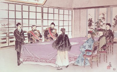 Die japanischen Minister I-Tso und Mou-Tsou diskutieren mit dem chinesischen Gesandten Ri-Ko-Sho die Bedingungen des Shimonoseki-Waffenstillstands, 16. April 1895 von Chinese School